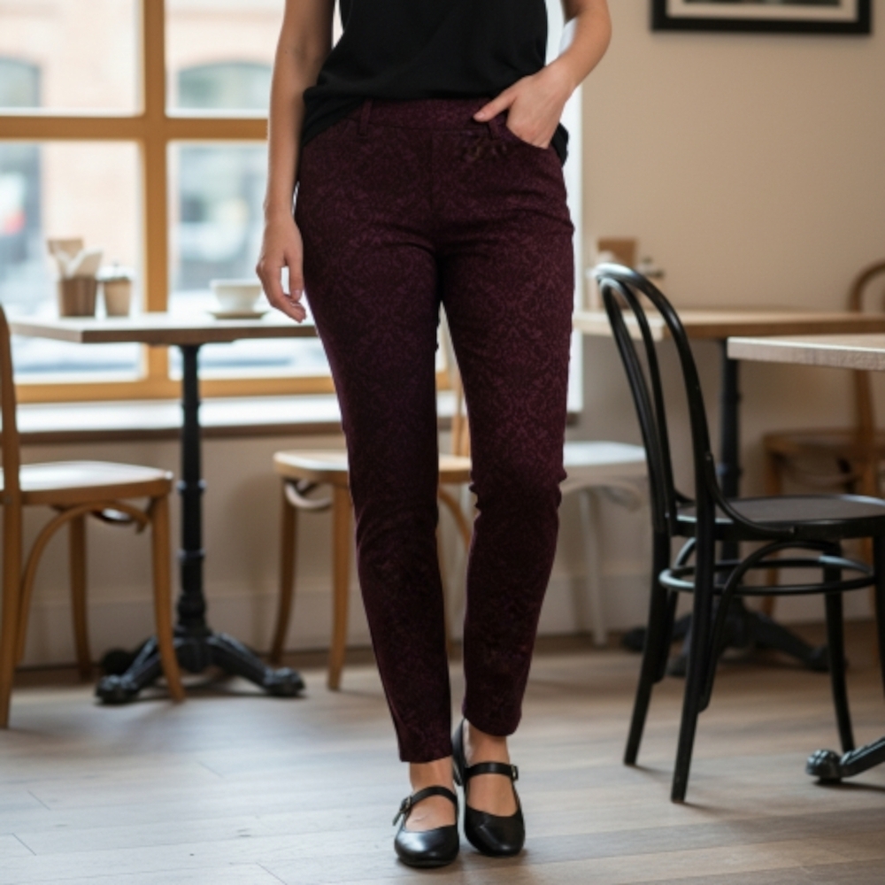 Adrienne Vittadini skinny trouser pants‎ maroon black Damask sz 8